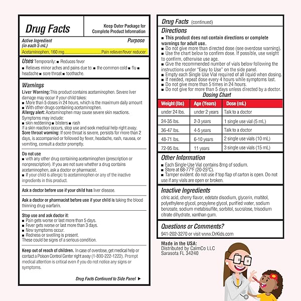 DR. KIDS CHILDREN’S PAIN AND FEVER ACETAMINOPHEN, PRE-MEASURED SINGLE-USE VIALS, FREE FROM, TRAVEL COMPLIANT, 3.4 FL OZ (20 COUNT)