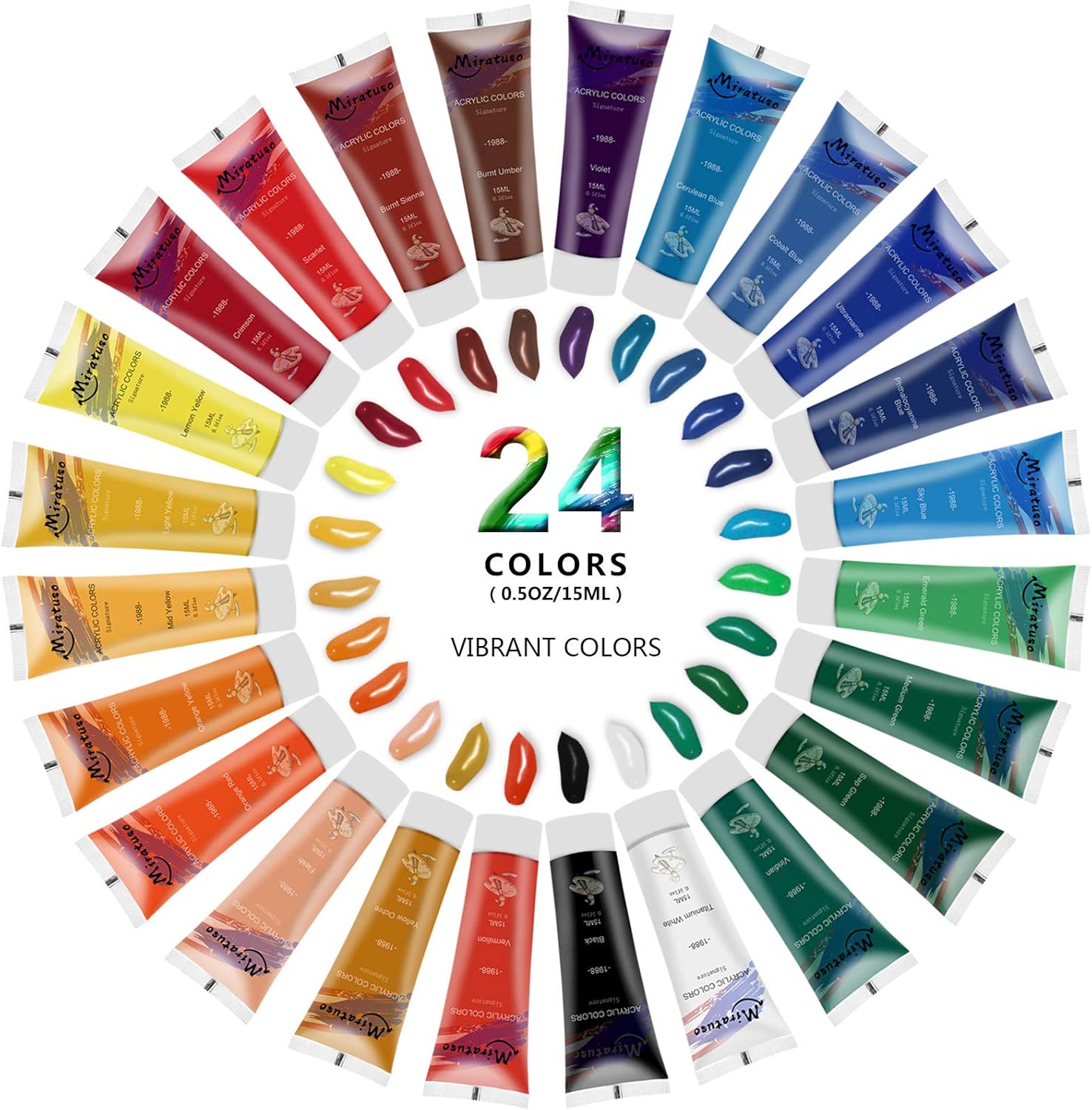 Miratuso Acrylic Paint Set 24 Colors with White Acrylic Paint Non Toxic Art Craft Paint Waterproof Painting Supplies for Rocks Canvas Glass Wood Gift for Kids Hobbyist Artist 0.5oz/15ml: Home Improvement
