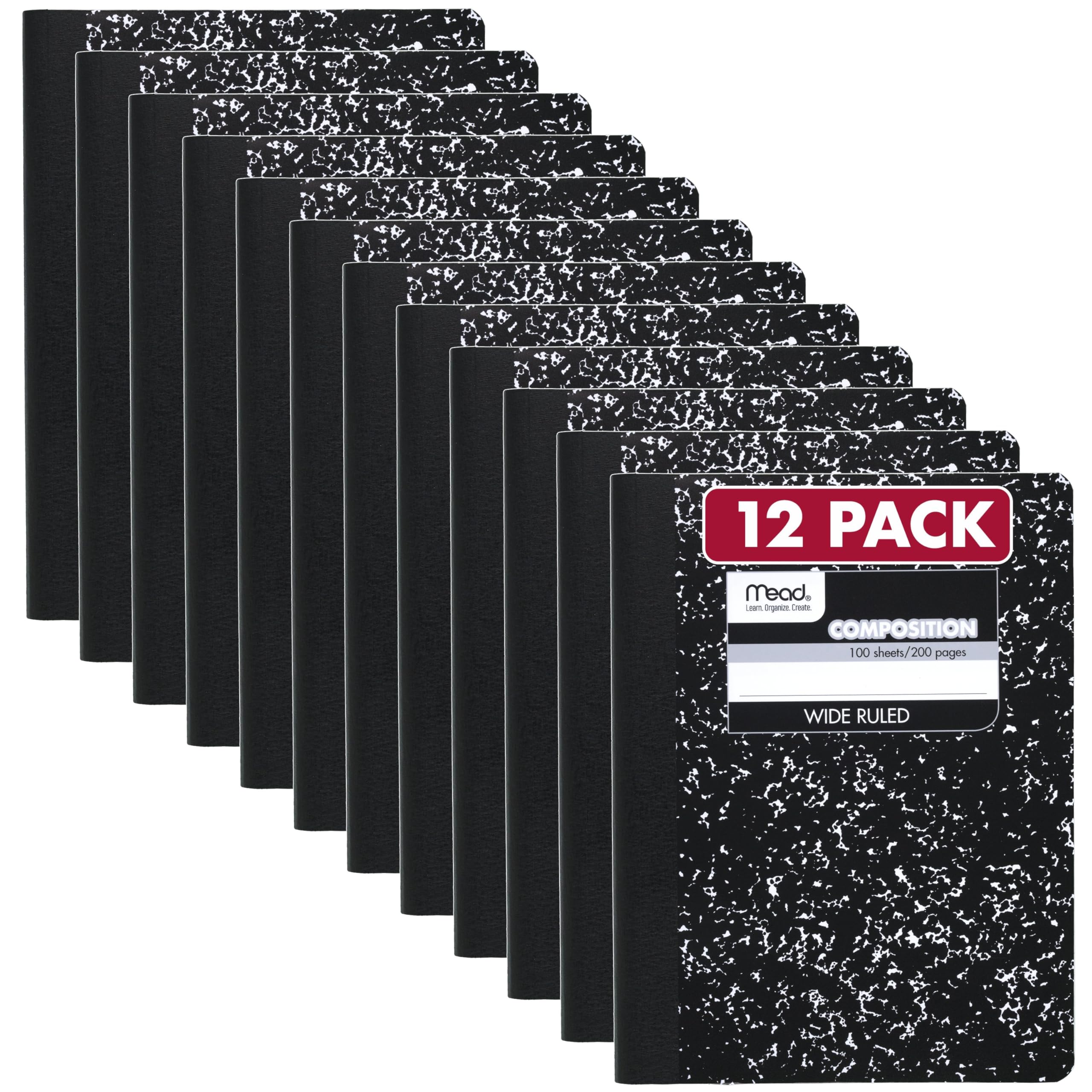 Mead Composition Notebook, Wide Ruled Paper, 7.5" x 9.75", 100 Sheets, Black Marble, 12 Pack (72936)