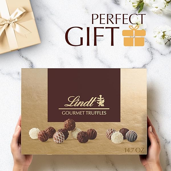 LINDT GOURMET CHOCOLATE TRUFFLES GIFT BOX, ASSORTED CHOCOLATE CANDY FOR MOTHER’S DAY GIFTS, 26 COUNT, 14.7 OZ. BOX