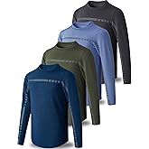 4 Pack: Youth Boys Long Sleeve Shirts Dry Fit Athletic Clothes for Teens, Kids Active Performance Tshirts with Thumb Holes