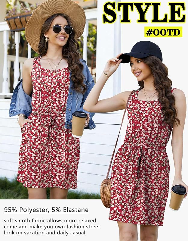 Vestido Verano Vestido de Playa Mujer Mini Vestidos sin Mangas U Cuello Espalda Abierta Verano Ropa de Baño Boho Vestido con Cintura Camisolas Vestidis con Bolsillos Playa Traje Baño Fiesta