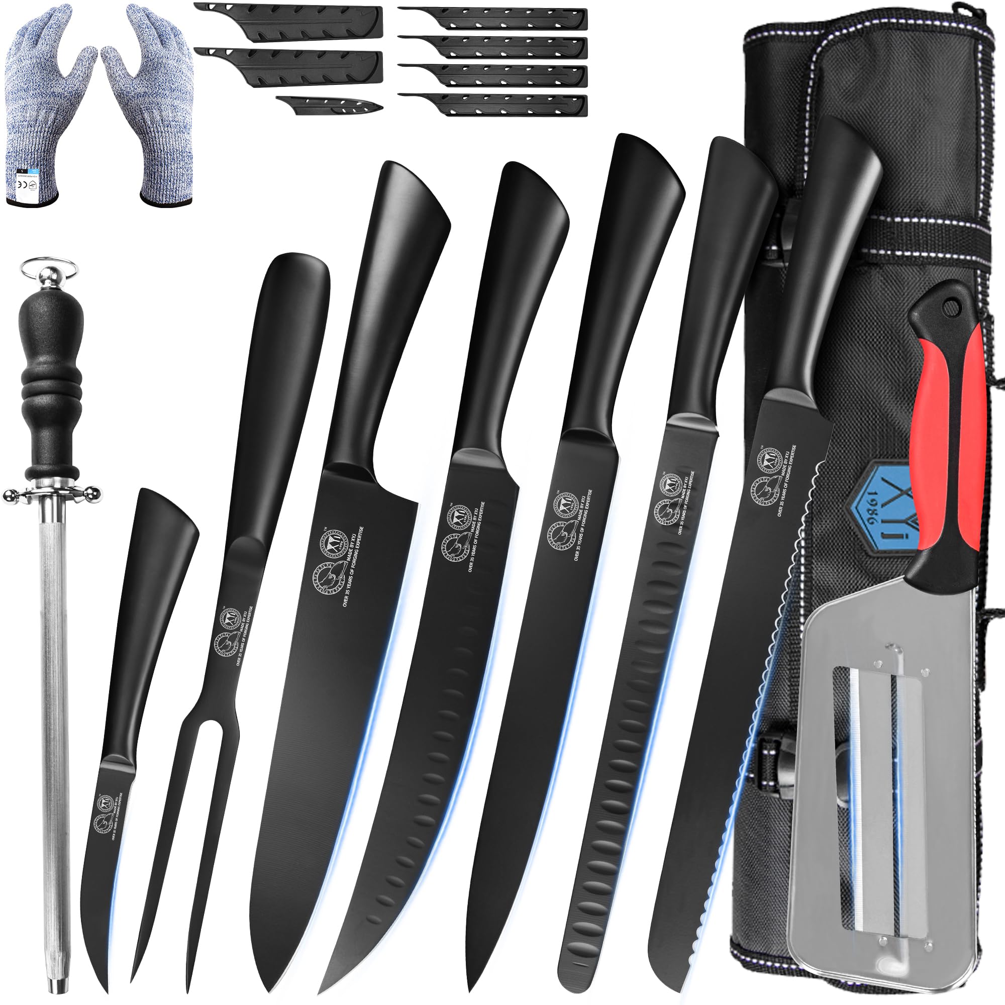 XYJ Kitchen Knife Set with Bag, Sharpening Steel, Gloves, Meat Fork, Stainless Steel Slicing Carving Bread Ham Chef Knives,Bird-beak Paring Knife, Ergonomic Handle