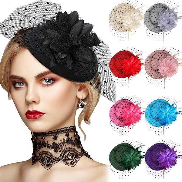 8 Piece Fascinator Hat Set with Feathers and Flowers for Weddings and Tea Fascinators Hat Flower Cocktail Lace Mesh Feathers Headband  main image 3