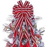 Christmas Tree Topper Bow Large Red Christmas Wreath Bow Tree Topper, Flocking Fabric with White Raw Edge Gift Bows for Xmas Ornament Holiday Home Thanksgiving Indoor/Outdoor Decor 52x13 Inches