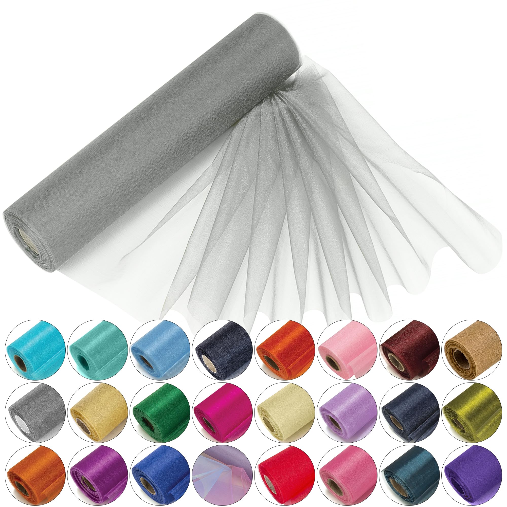 29cm x 25m Roll of Organza Sheer Fabric - Elegant Decorative Cloth for Wedding Chair Bows, Table Runners, Party Favours - Crafting Supplies for Ribbons, Dress Accents,and Bags, Silver