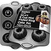 Wrenbury Set of 2 Nonstick Mini Buntz Cake Pan Non Stick for Baking - 6 Cup Bundlette Fluted Cake Tin for Small Cakes - PFOA Free and Dishwasher Safe - 3.75” Cup Width