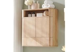 ACCOHOHO Modern Minimalist Bathroom Medicine Cabinet with Adjustable Shelf, Sliding Drawer and Magnetic Push Latch, Above Toilet Wall Mounted Hanging Storage Cabinet, Natural Oak