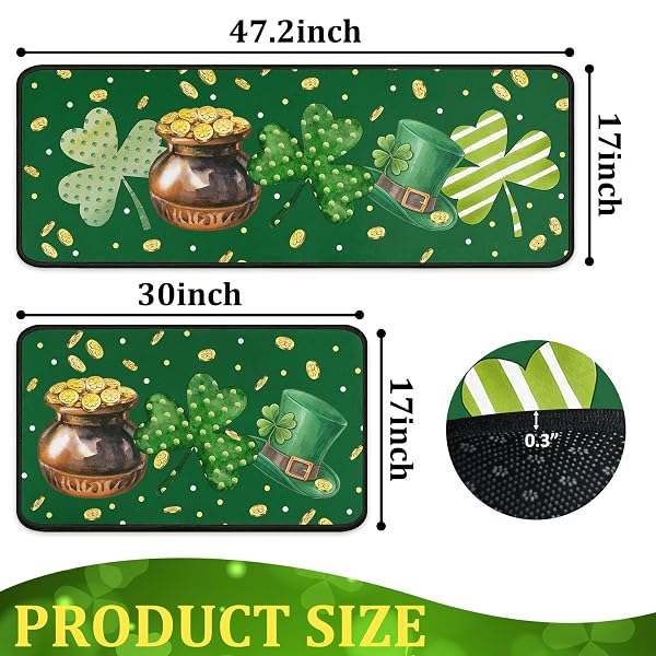NOULMEA ST. PATRICK’S DAY CLOVER KITCHEN RUGS SET OF 2, IRISH SHAMROCK POLKA DOT STRIPED & POT OF GOLD COIN PRINT FLOOR DOOR MAT HOME DECORATIONS 17″X47″+17″X30″