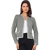 Allegra K Women's Plaid Tweed Blazer Long Sleeve Open Front Work Office Short Jacket
