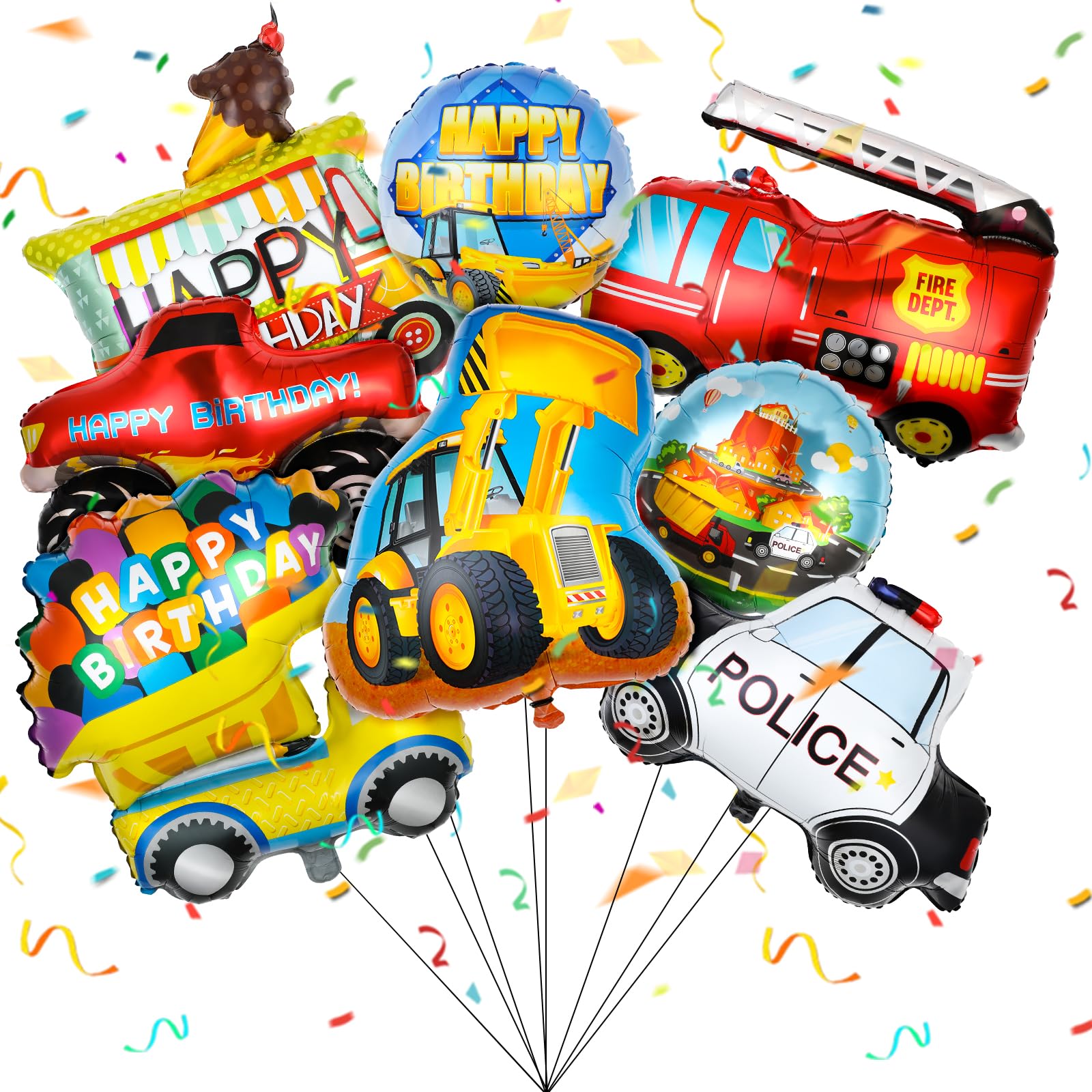 Photo 1 of 10 Pcs Transportation Birthday Decoration Car Balloons for Boys School Bus Ice Cream Cart Fire Truck Police Car Pickup Truck Happy Birthday Balloons for Kids Transportation Theme Party Supplies
