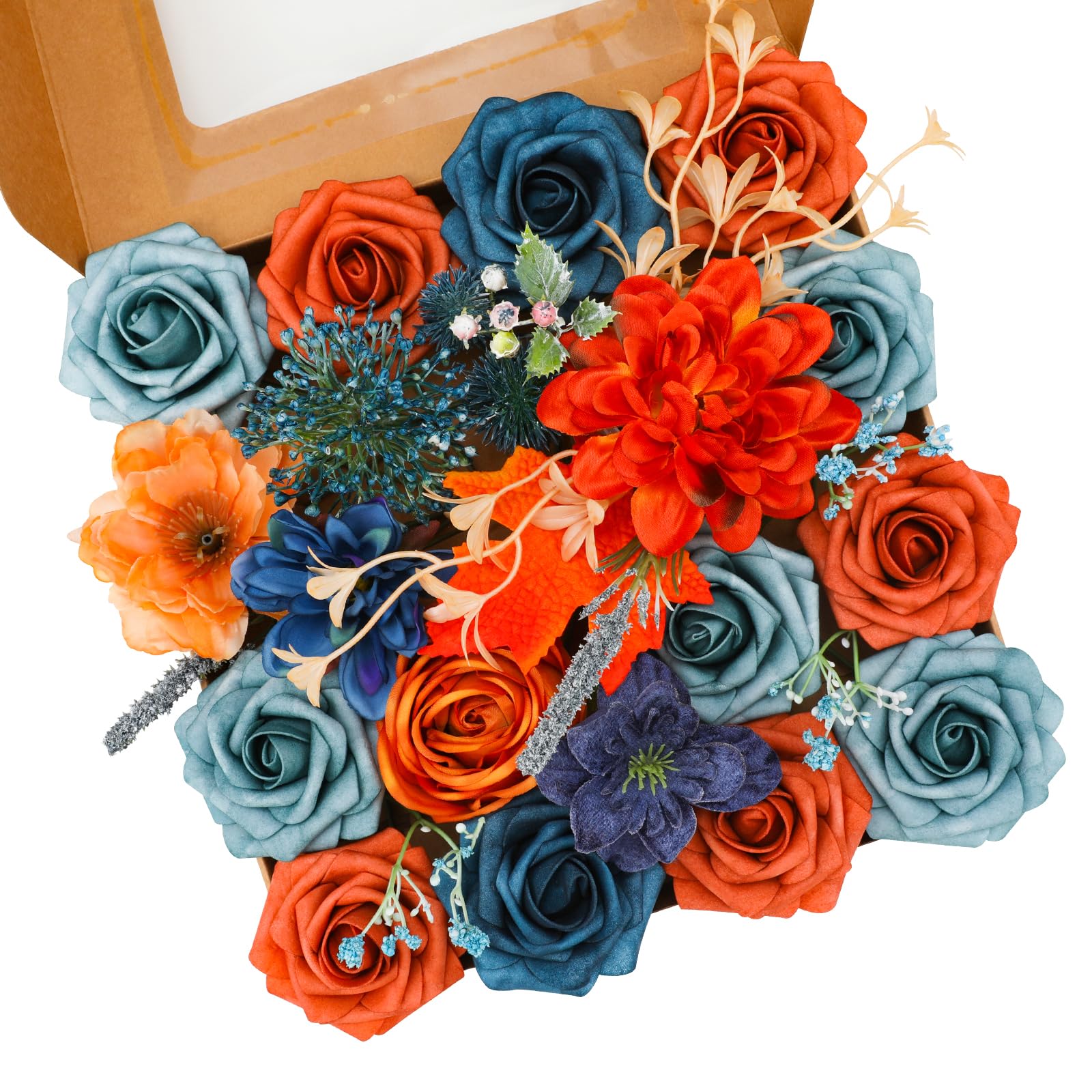 Photo 1 of Floweroyal Artificial Flowers Combo Orange Flowers Mix Silk Flowers Dahlia Roses with Stems for DIY Wedding Bridal Bouquets, Baby Shower, Floral Arrangement, Table Centerpieces, Home Decorations.