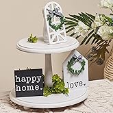 Defined Deco Wooden Decorative Tray Two Tiered Tray, White Tiered Tray, Cupcake Stand, Serving Tray Stand with 3 Pcs Signs Decor for Kitchen Island Decor, Home Decor and Holloween Farmhouse Décor