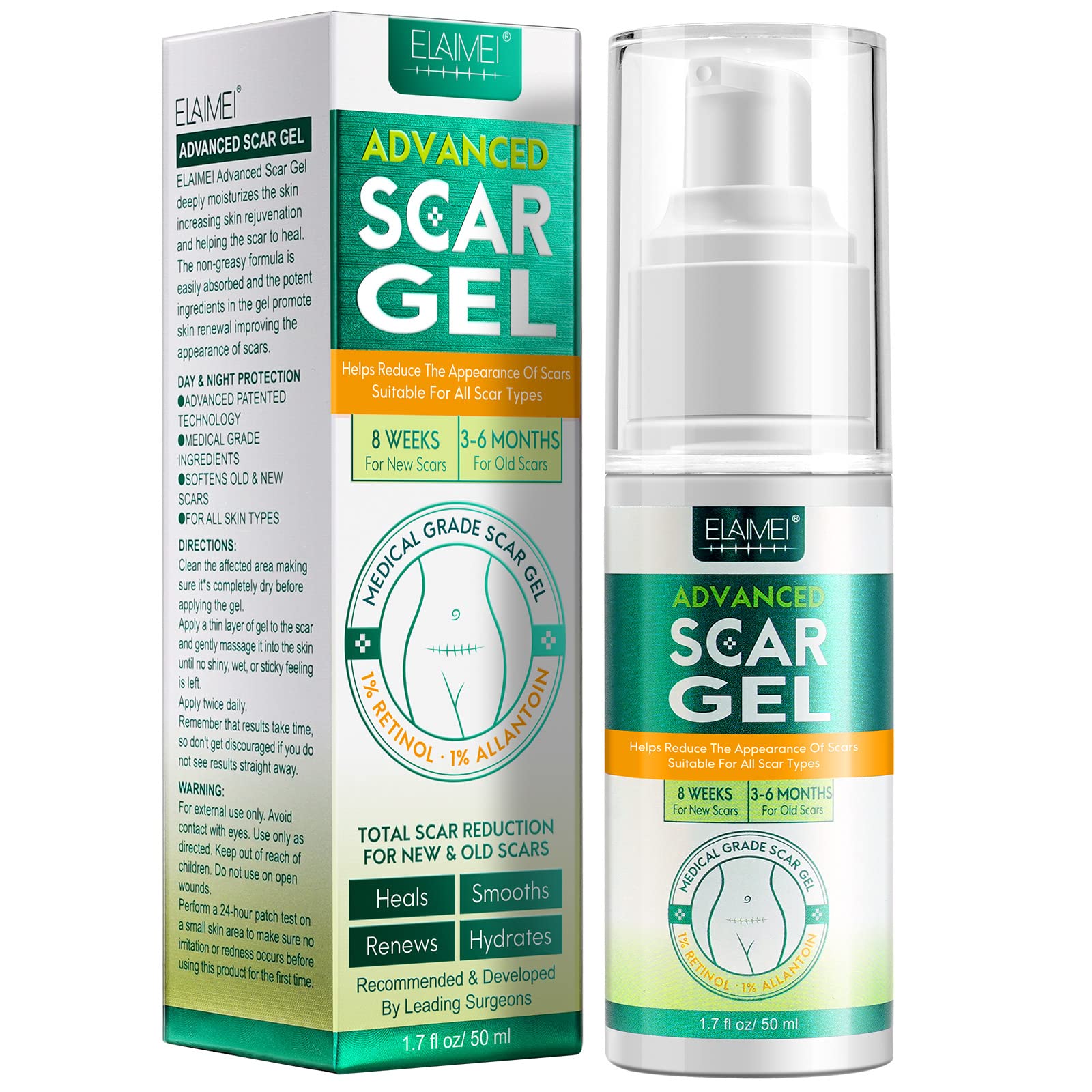 Advanced Silicone Scar Gel, Scar Removal Cream Gel, Stretch Mark Cream, Scar Cream for Old and New Scars, C-Section, Keloid, Acne Scar, Tummy Tuck, Burn, Surgery, Gentle with Vitamin E & Retinol