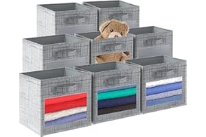 SUOCO Cube Storage Bins with Clear Window, Foldable Fabric Baskets Boxes for Shelf Closet Organizer, Nursery and Kids Room, 8 Pack, Grey