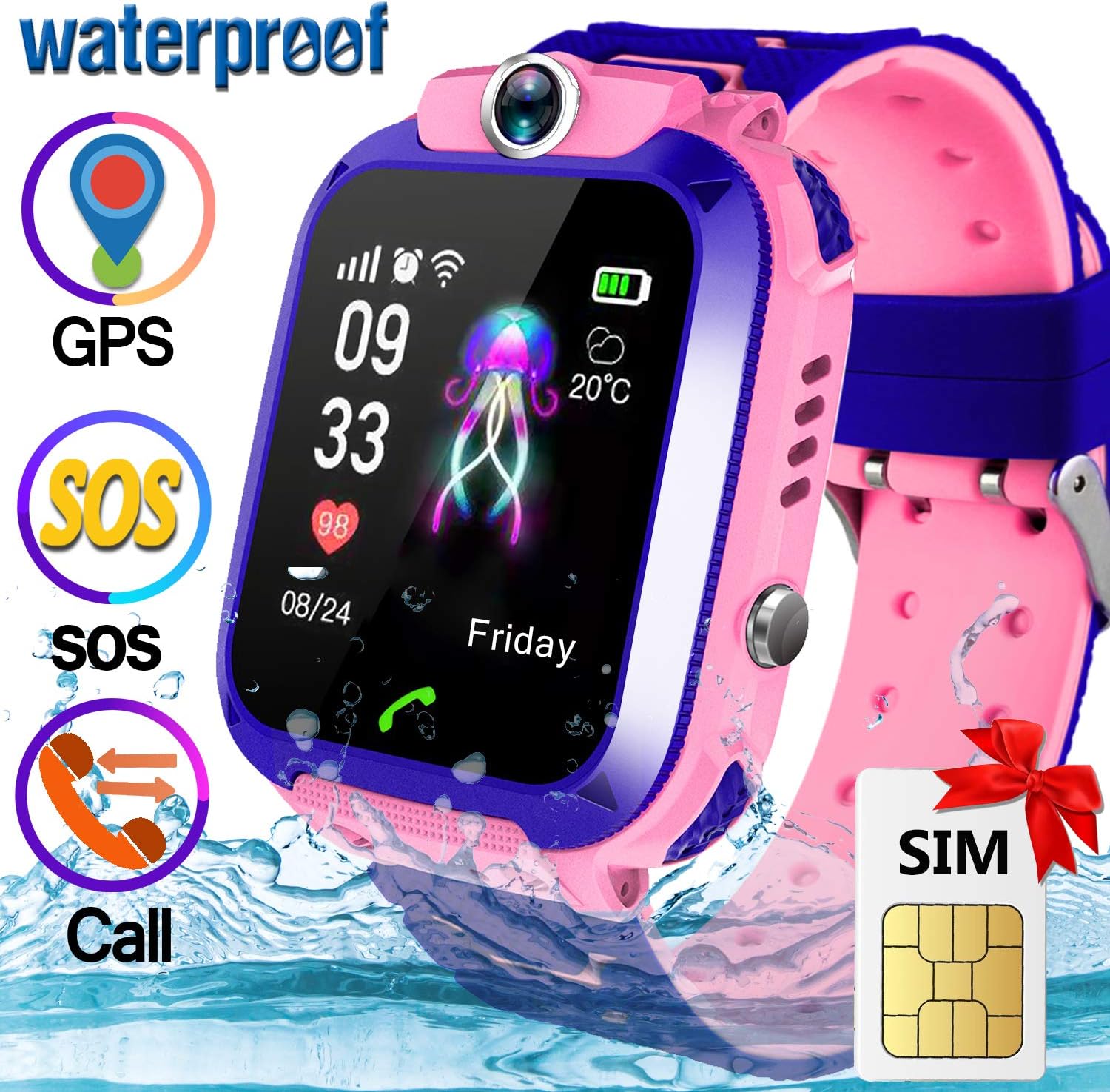 [Speedtalk SIM Included] Kid GPS Smart Watch Phone - IP67 Waterproof Smart Watch Phone for 3-12 Year with SOS Camera GPS Tracker Anti-Lost Game Smartwatch Educational Toy for Boys Girls Holiday Gift