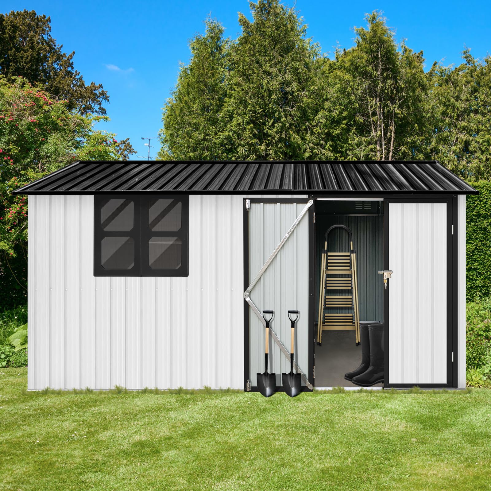 Photo 1 of ** sold as is no refund/return**  YOPTO 12x10 FT Outdoor Storage Shed,Metal Shed W/Goods Shelves & Window,Garden Tool House W/ 2 Vents & Lamp Hanging Hole & Apex Roof and Lockable Doors,for Backyard Patio Lawn,White+Black