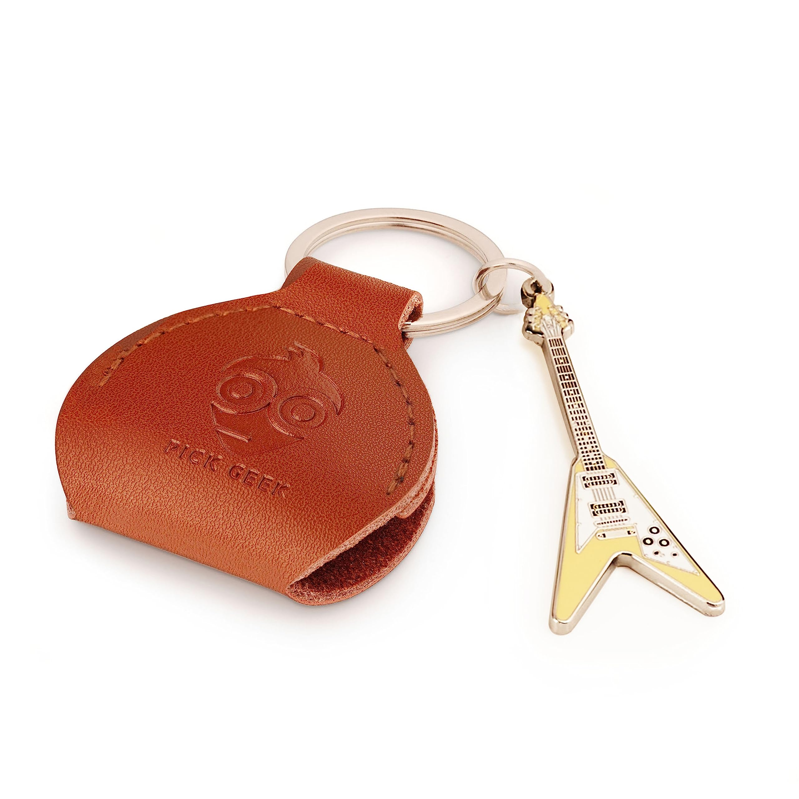 Pick Geek Brown Leather Pick Holder with Miniature Flying V Keyring | 100% Handmade Real Leather | Includes 3 FREE Guitar picks | Made with Jewellers Metal