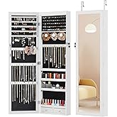 Elevon 6 LEDs Jewelry Cabinet Organizer, 47.2-inch Jewelry Armoire with Full-Length Mirror, Wall or Door Mounted Jewelry Storage, Lockable Large Capacity Storage, White