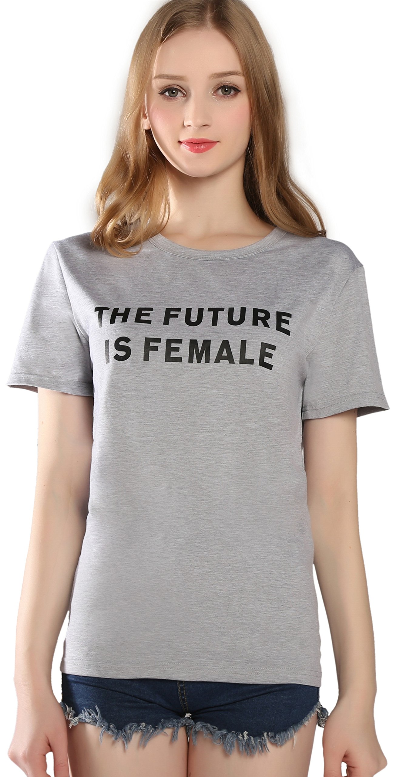 PINJIA Womens Cute Letter Printed Graphic Funny Tshirts Top Tees(MX15)(L,Grey The Future Is Female)