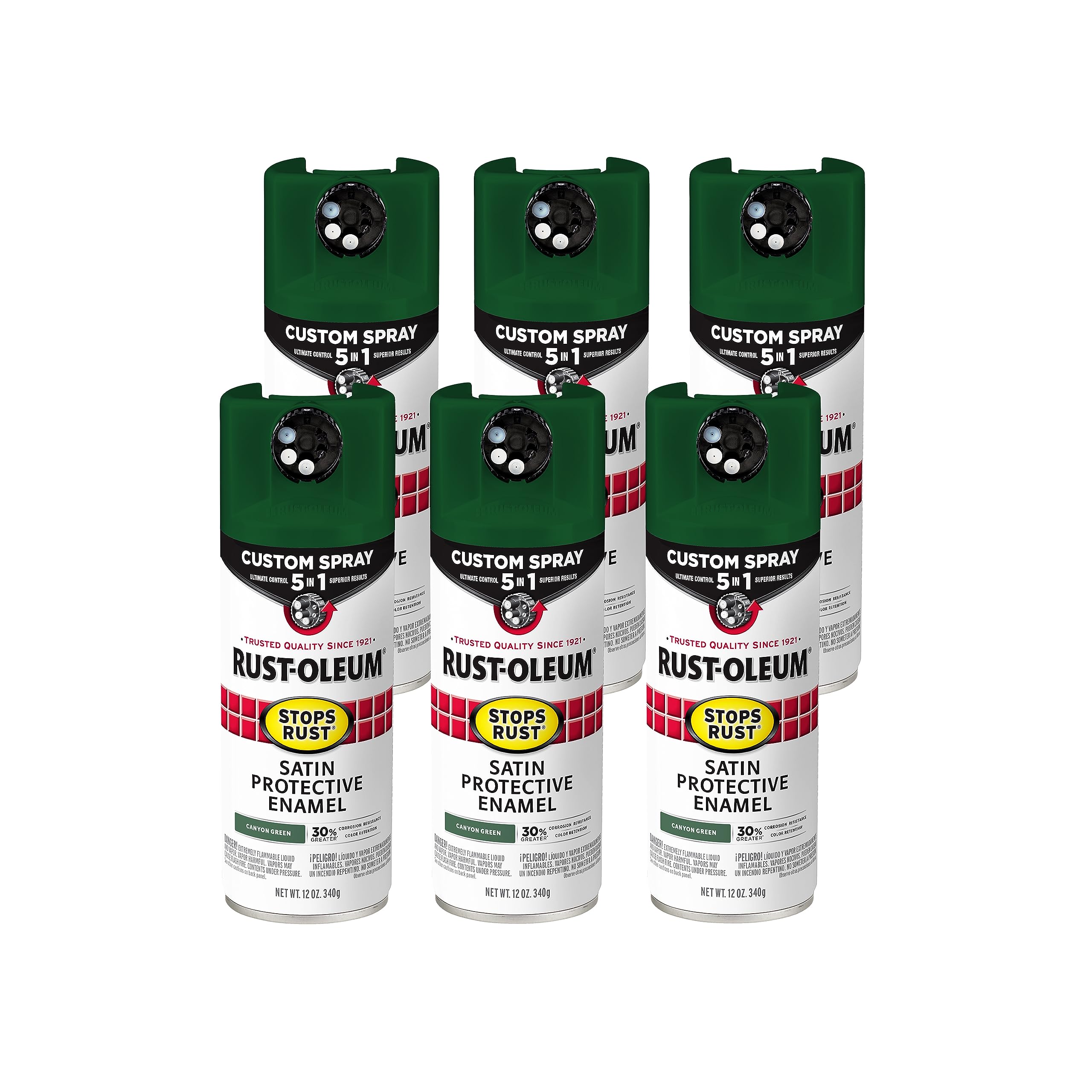 Rust-Oleum 380420-6PK Stops Rust Custom Spray 5-in-1 Spray Paint, 12 oz, Satin Canyon Green, 6 Pack Image Rust-Oleum 380420-6PK Stops Rust Custom Spray 5-in-1 Spray Paint, 12 oz, Satin Canyon Green, 6 Pack Image