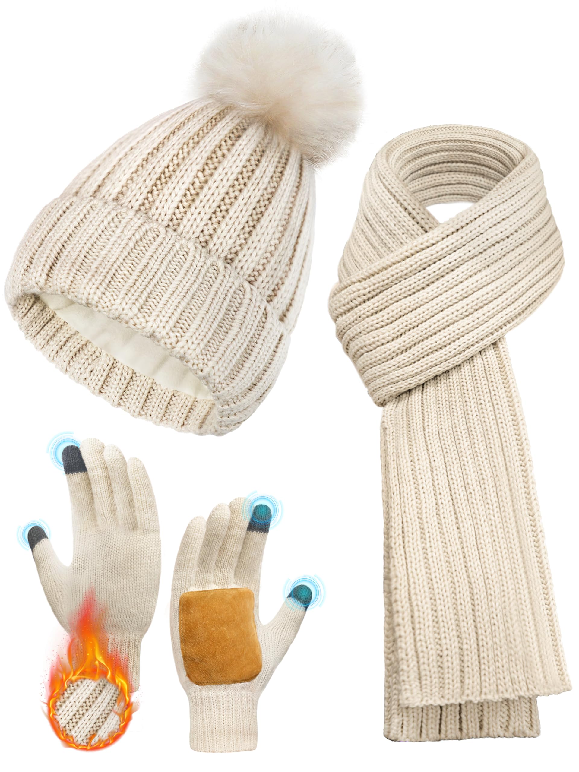 Photo 1 of *SCARF ONLY* Winter Hat Scarf Glove Set for Women, Beige Thermal Women Beanie with Pom Pom, Thickened Long Knit Scarf, Touchscreen Non-Slip Gloves, Fleece Lined Winter Warm 3 in 1 Gift Set