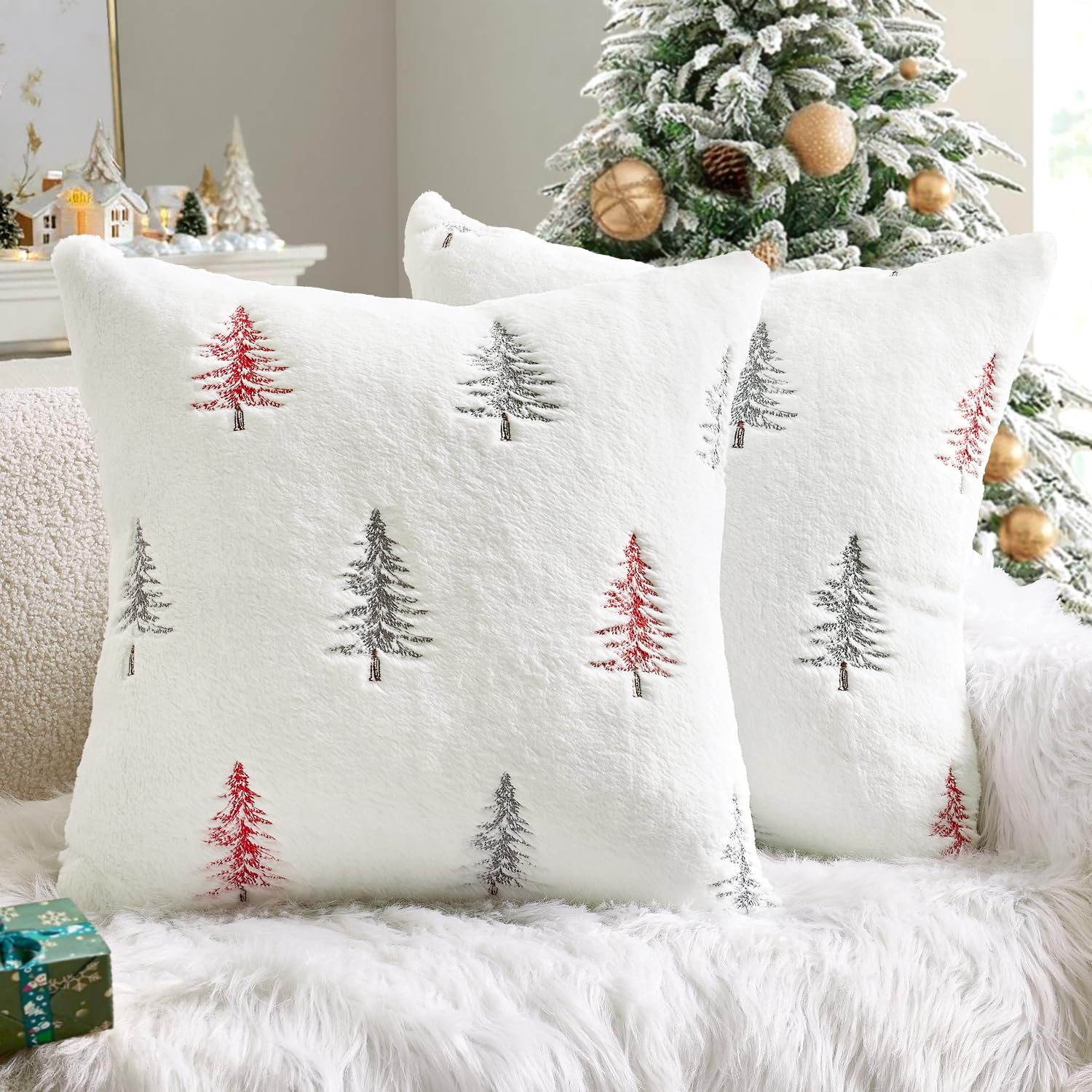 Photo 1 of MIULEE Christmas Decorative Pillow Covers Set of 2 Faux Fur Throw Pillows with Embroidered Christmas Tree 18x18 Inch White Red Winter Couch Covers for Festival Sofa Bedroom Living Room Home Decor