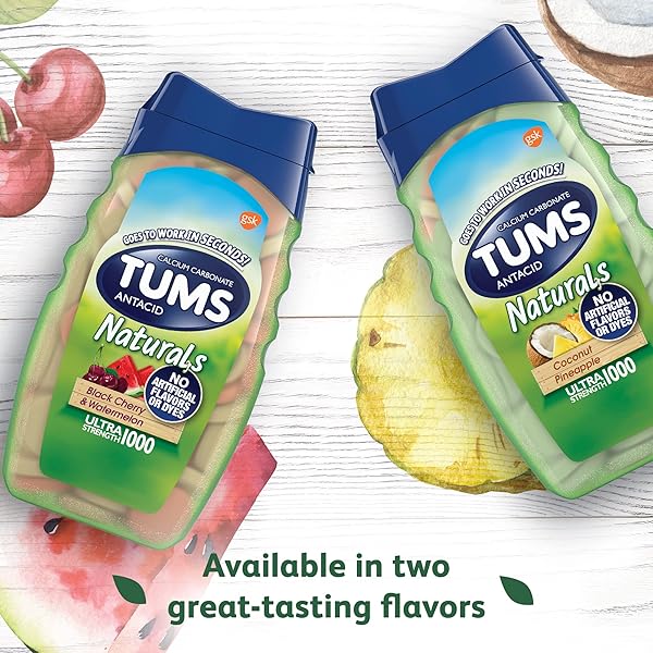 TUMS NATURALS ULTRA STRENGTH ANTACID CHEWS FOR HEARTBURN RELIEF, GREAT FOR A SUMMER BBQ – BLACK CHERRY & WATERMELON – 190 COUNT