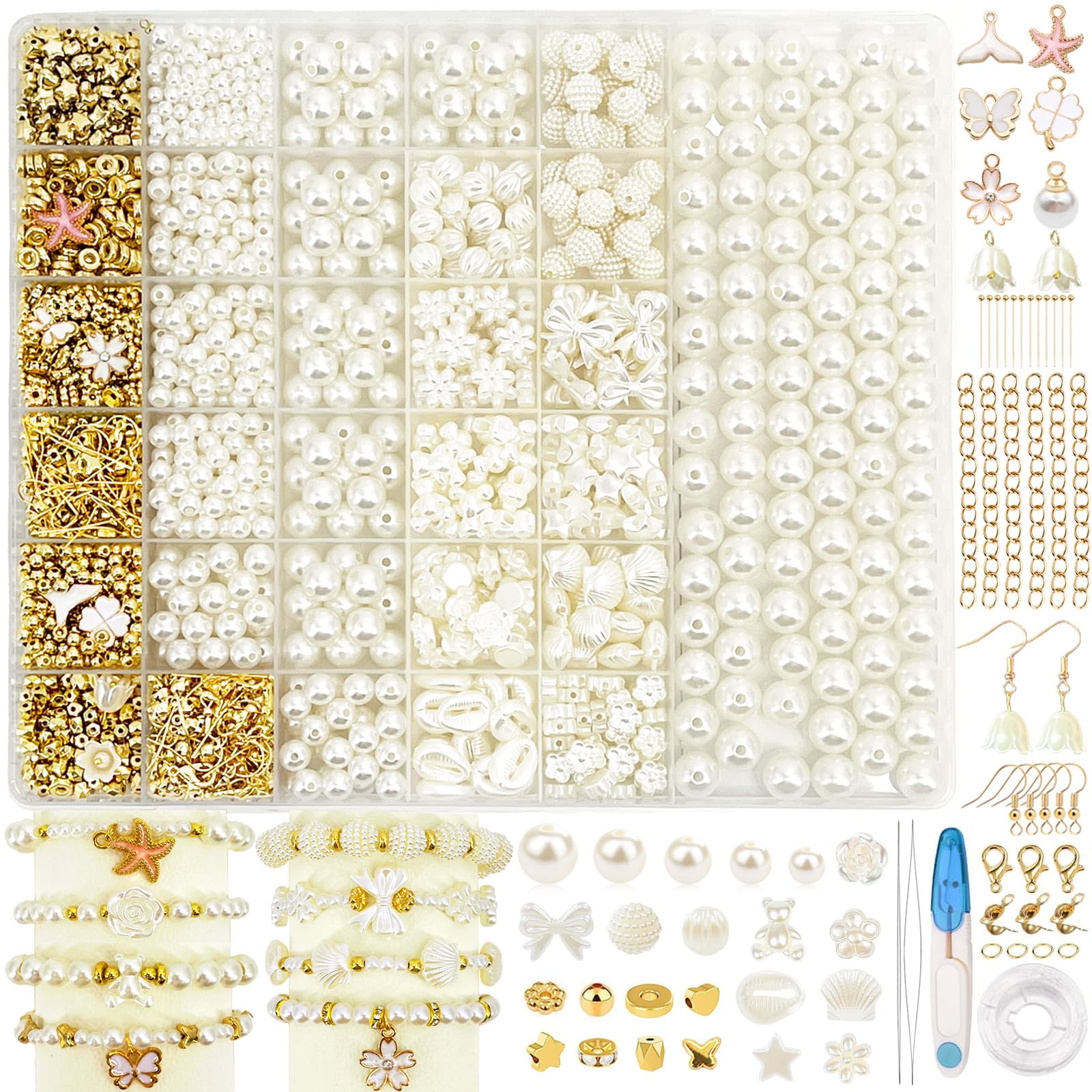 KAOHONG 1600+ Pcs Bracelet Jewellery Making Kit Pearl Beads Ivory White Crystal Wire Ornament DIY Craft Kits for Kids ﻿