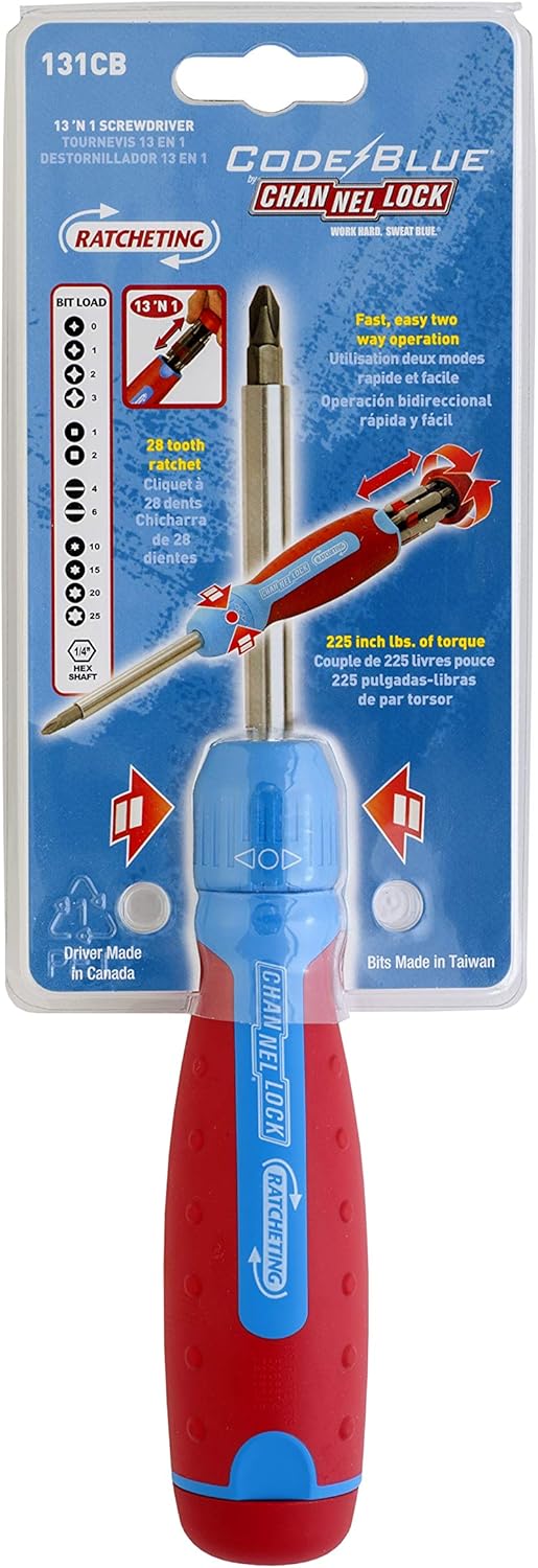 Channellock 131CB 13-in-1 Ratcheting Screwdriver | Multi-Bit Storage | 1/4-Inch Nut Driver | Quick-Load Handle with Cushion Grip | 28-Tooth Ratchet Mechanism Provides up to 225 lbs. of Torque - Screwdrivers - 