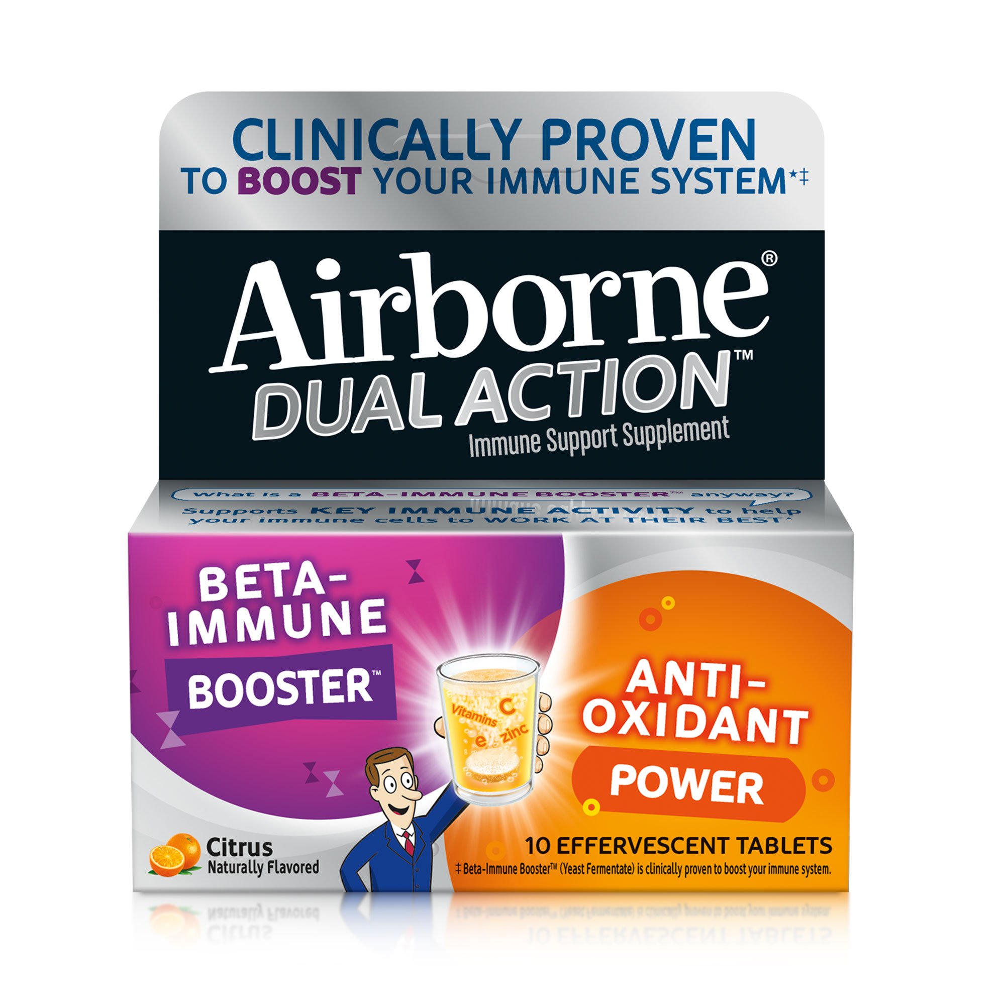 Airborne Dual Action Citrus Effervescent Tablets, 10 count - 1000mg of Vitamin C - Beta Immune Booster and Anti Oxidant
