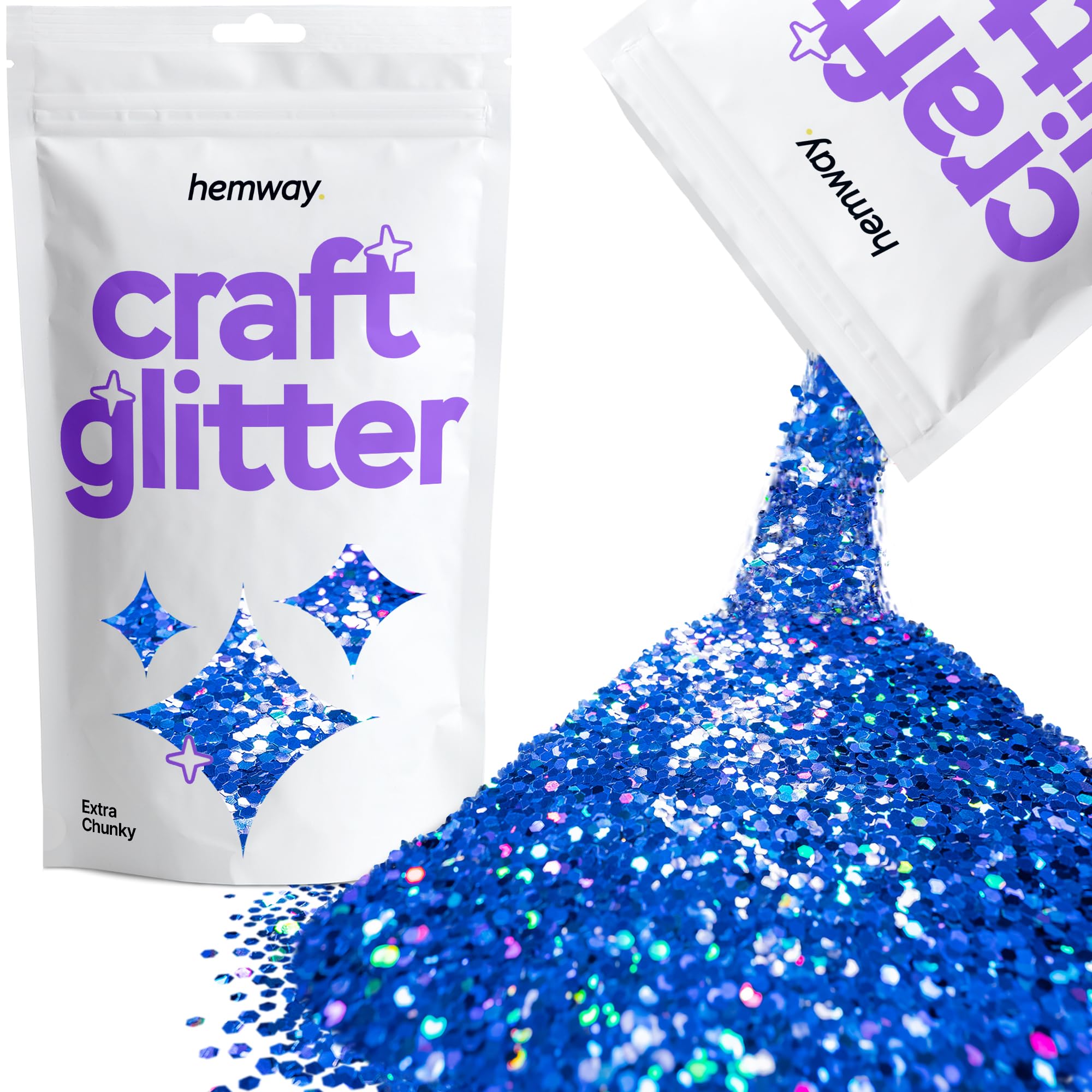 Hemway Craft Glitter Sapphire Blue Holographic 100g Extra Chunky Glitter for Crafts, Resin, Cosmetic, Nail, Face, Body, Festival, Tumblers, Art, Candle, Crafting