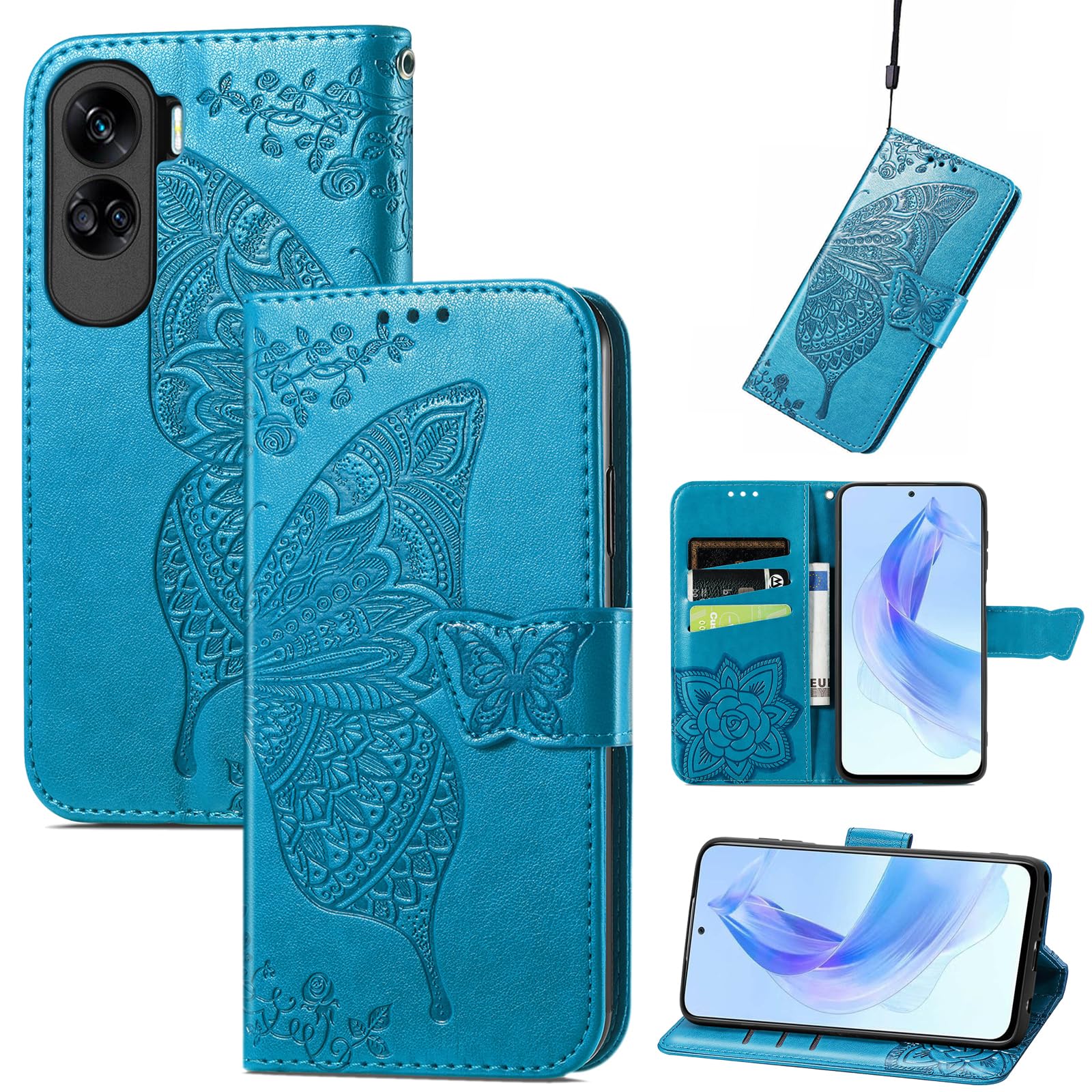 JIUNINE Case for Honor 90 Lite, Leather Wallet Case Flip Cover with Butterfly Embossed Pattern [Card Holder] [Magnetic Closure] [TPU Inner Shell] for Honor 90 Lite, Blue