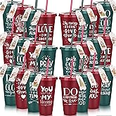 Sunnychicc 24set Christmas Christian Gifts Bulk for Coworker Employee 24oz Bible Verse Plastic Cups with Lid Straw Card Reusable Red Green Religious Gift for Teacher Staff Church Member(Cute)