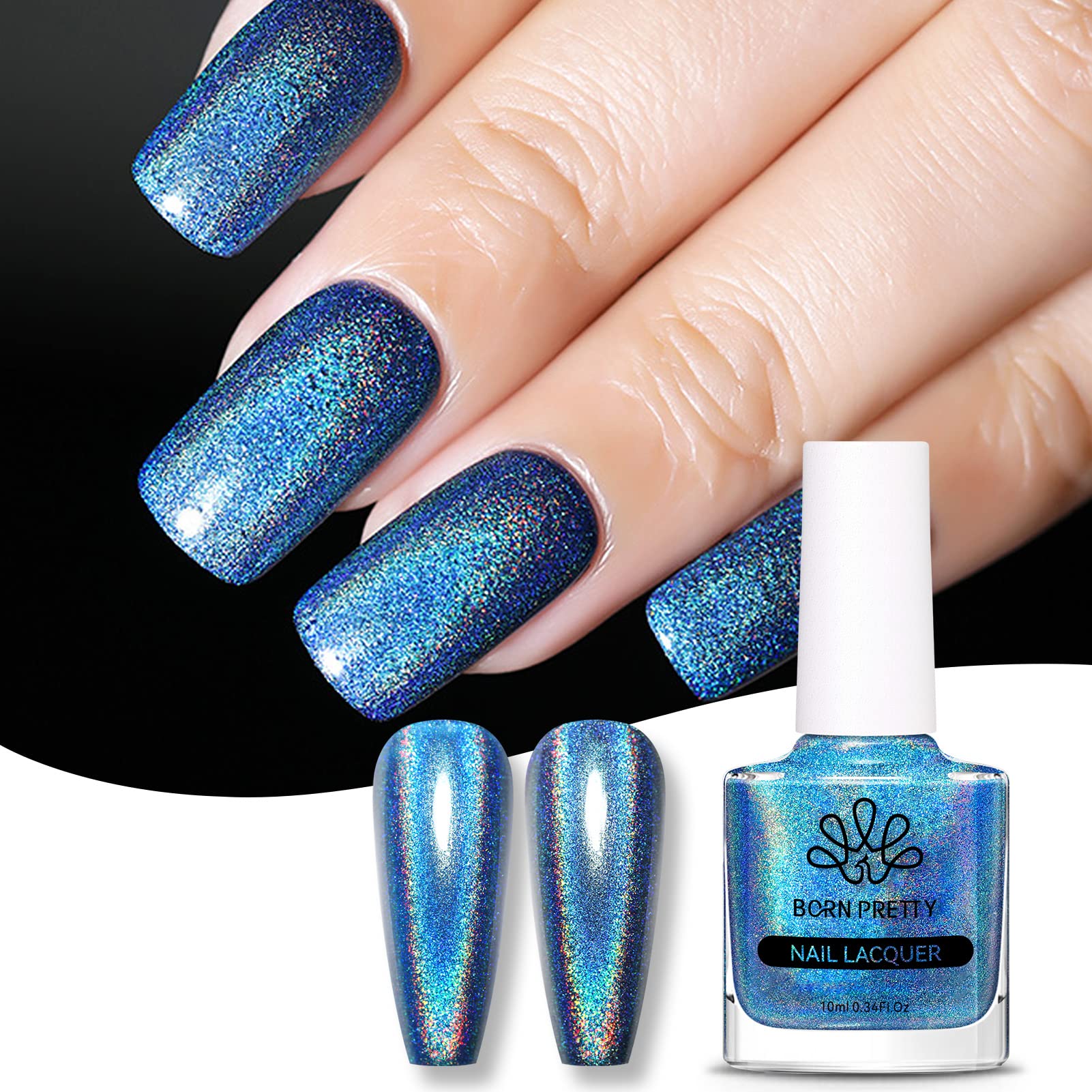 BORN PRETTY Iridescent Nail Polish Pretty Shiny Mirror Glitter Nail Lacquer Super Holo Nail Varnish Magic Rainbow Effect Long Lasting Blue Nail Polish