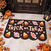 Junkin Halloween Trick or Treat Welcome Coir Doormat, Black | Candy Corn Wrapped Candy Design, Coir Front Door Mat Doorway Rugs, Outdoor Indoor Use for Entryway Porch, Non Slip Backing