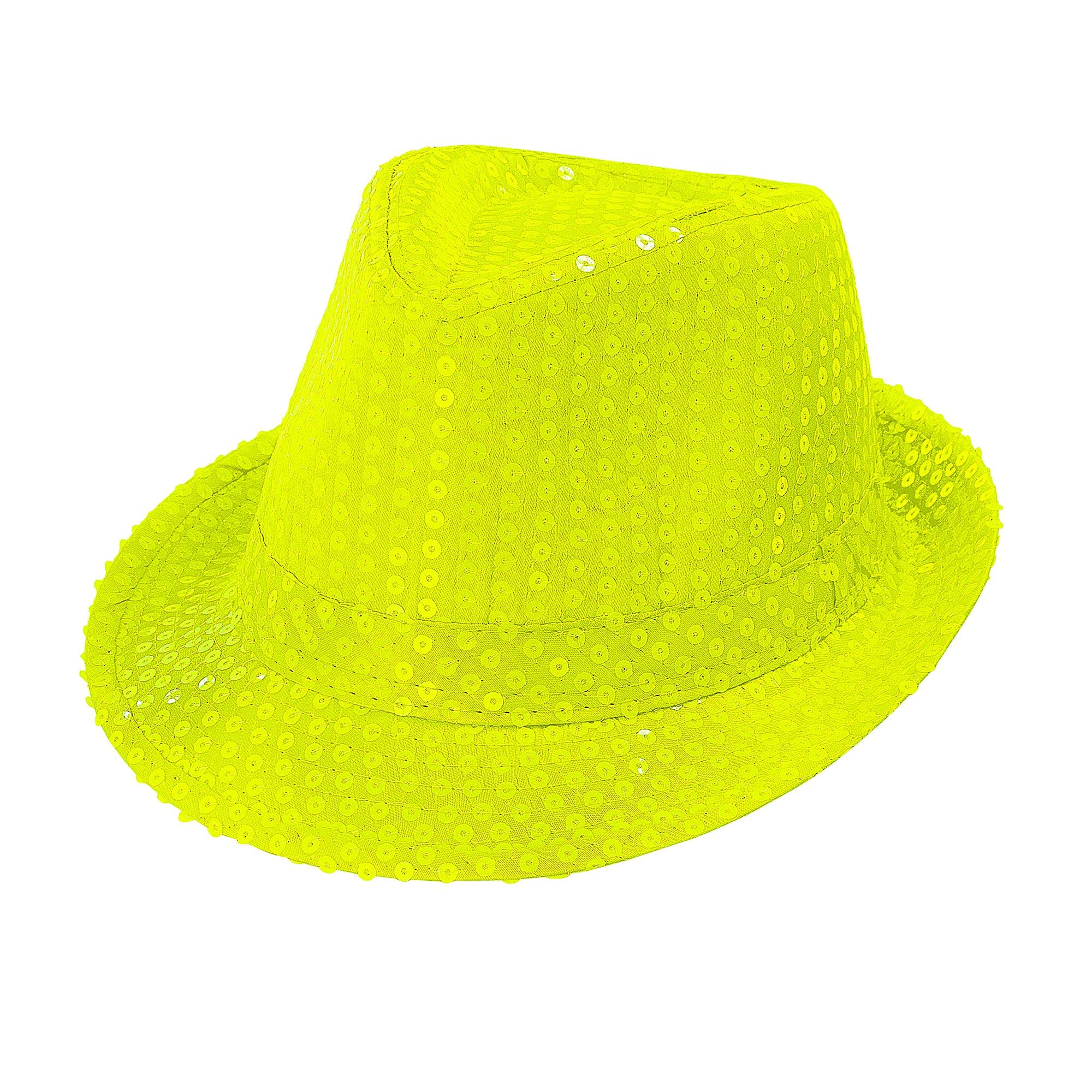 Widmann 01249 - Fedora with Sequins Adult Unisex, Hat, Neon, Disco, Pink Night, Pride, Carnival, Theme Parties, One Size, Fluorescent Yellow Color