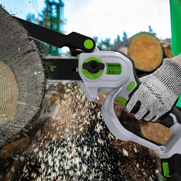 GARDTECH MINI CHAINSAW CORDLESS 6 INCH – PORTABLE ELECTRIC CHAINSAW CORDLESS BATTERY POWERED, HANDHELD SMALL CHAIN SAW WITH 2-SIDE SECURITY LOCK [SOUTHPAWS FRIENDLY] FOR WOOD CUTTING, PRUNING BRANCHES