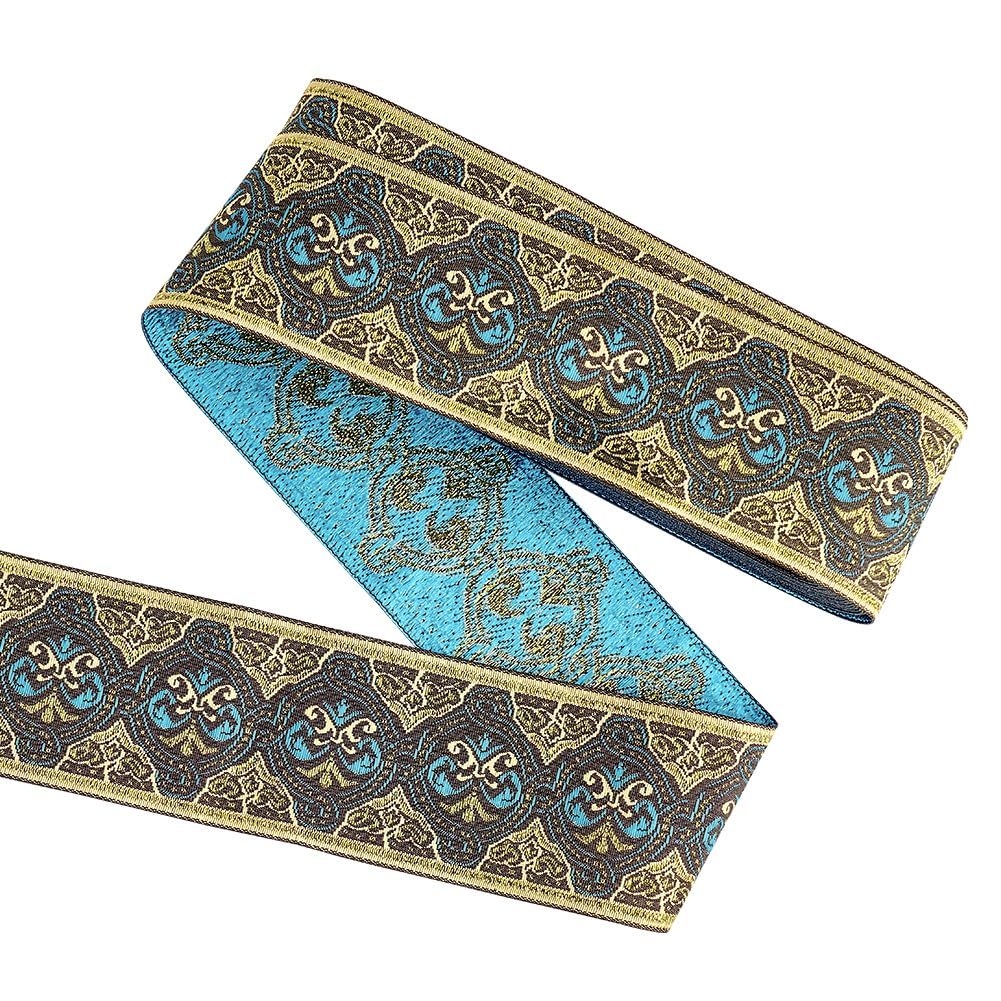 FINGERINSPIRE 5m Gold Blue Vintage Jacquard Ribbon 50mm Ethnic Style Floral Pattern Embroidery Woven Trim Polyester Fabric Trim Retro Sewing Ribbon for Clothing, Bag Straps, Craft Decor