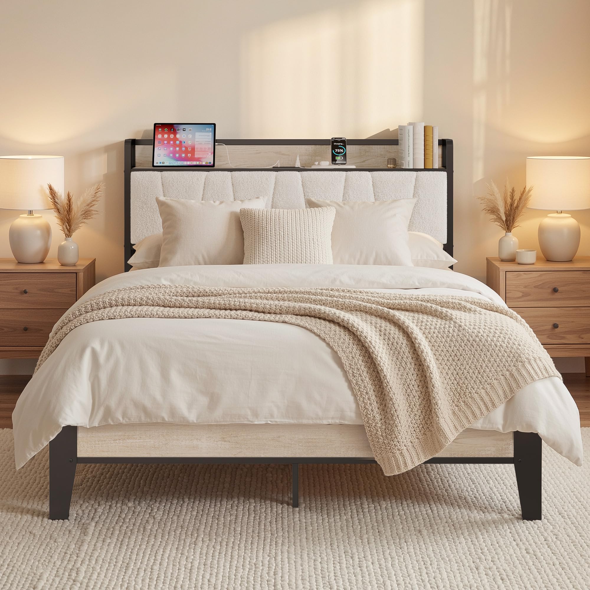 LIKIMIO Full Bed Frames, Bouclé Storage Headboard with Charging Station, Solid and Stable, Noise Free, No Box Spring Needed, Easy Assembly Image