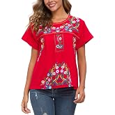 YZXDORWJ Women's Embroidered Mexican Peasant Blouse Mexico Summer Shirt Short Sleeve