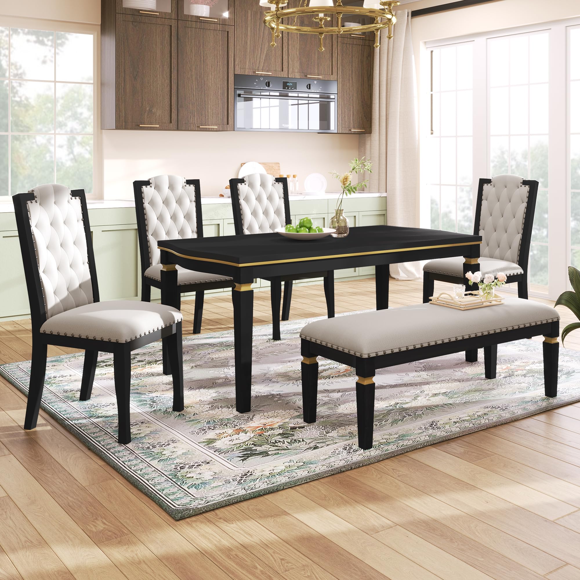 Photo 1 of **MISSING CHAIRS/COMPLETE TABLE AND BENCH ONLY**Merax 6-Piece Wood Dining Table Set, Rectangular with 4 High-Back Tufted Chairs+1 Bench Elegant Soft and Comfortable for Kitchen Room Home Apartment, Black