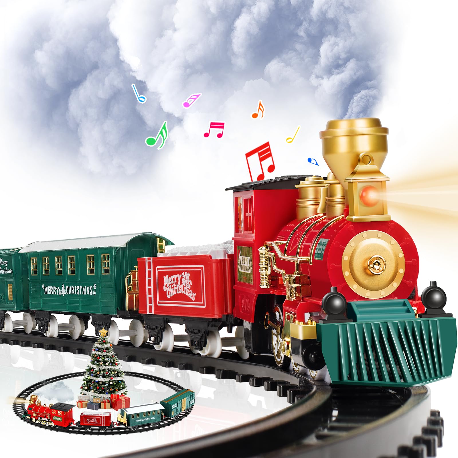 Photo 1 of OleFun Christmas Train Set, Electric Train with Water Steam, Sounds & Lights, Model Train Set for Under The Xmas Tree, Railway Kit Gifts for 3, 4, 5, 6, 7, 8+ Year Old Boy & Girl