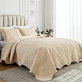 Auemtyn King Size Quilt Set 3 Pieces, Soft Lightweight Summer Bedspread, Reversible Microfiber Bed Coverlet for All Seasons, Beige, Heart Floral Pattern (1 Quilt, 2 Pillow Shams)