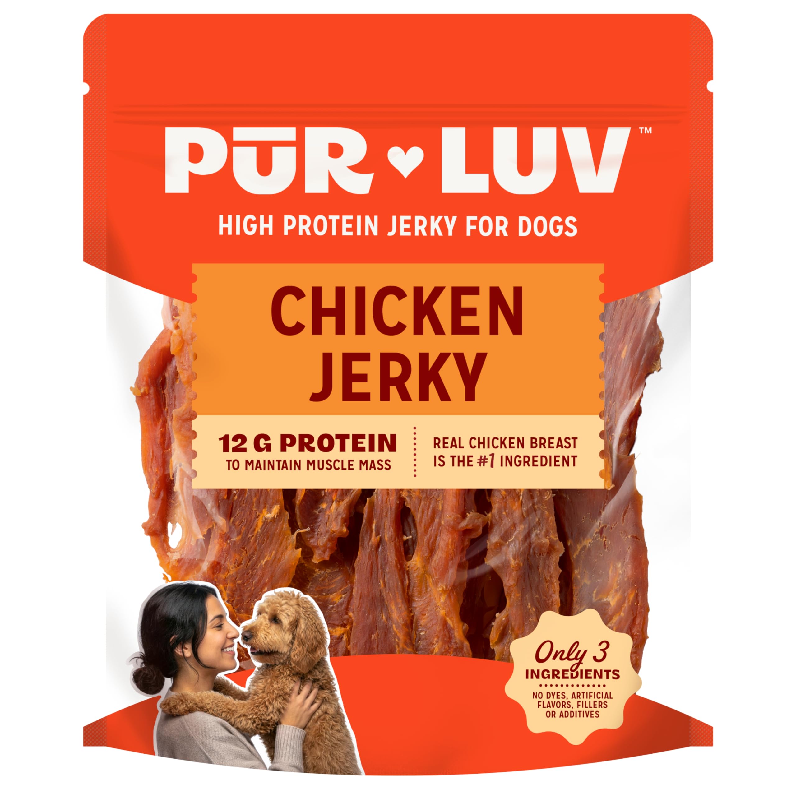 Pur Luv Chicken Jerky Dog Treats, Made with 100% Real Chicken Breast, 16 Ounces, Healthy, Easily Digestible, Long-Lasting, High Protein, Satisfies Dog's Urge to Chew