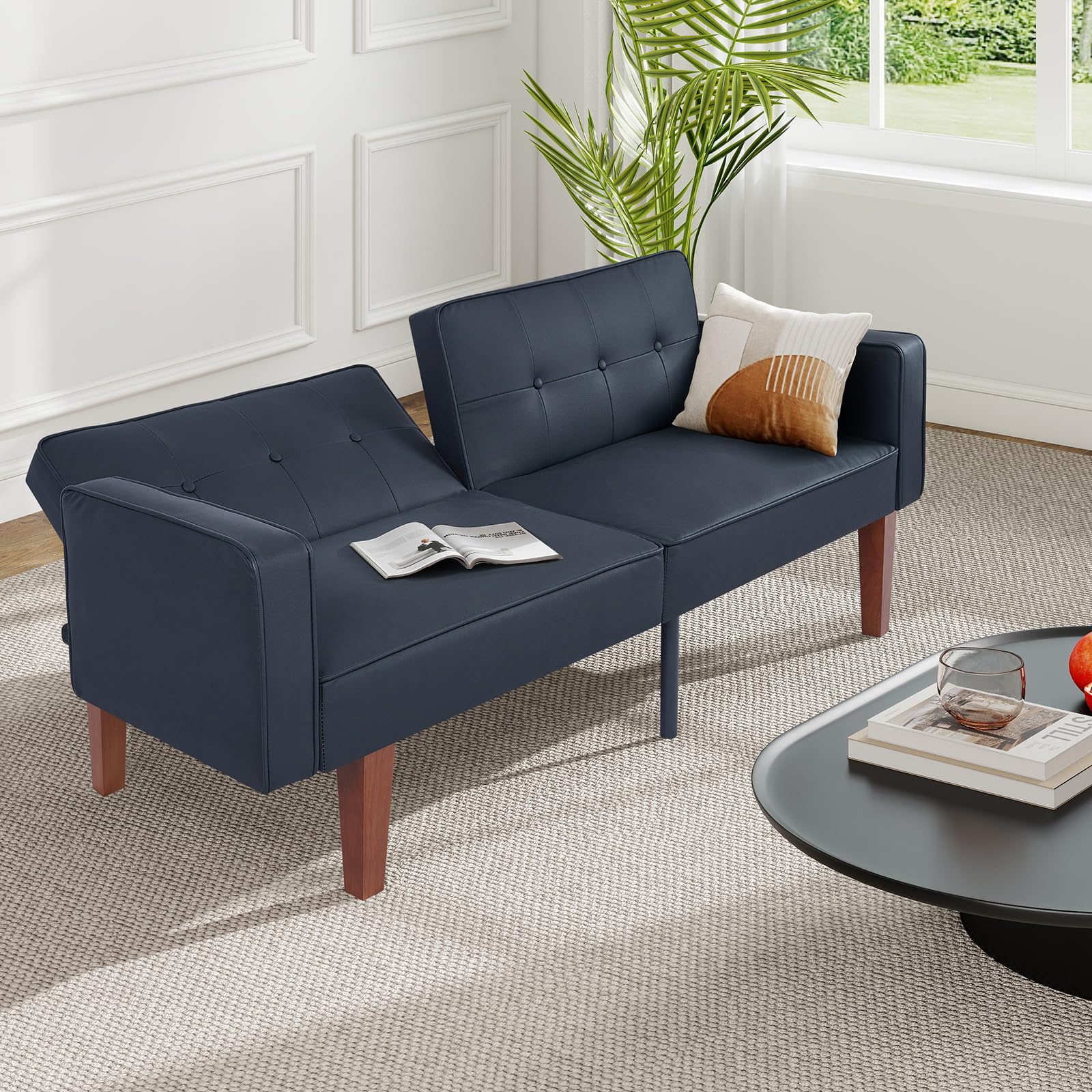 Photo 1 of ***cushion only***Zevemomo Futon Sofa Bed Leather Futon Couch Loveseat, Convertible Recliner Lounge with Adjustable Backrest, Foam and Spring Cushions for Living Room Apartment Office, PU Leather, Matte Black