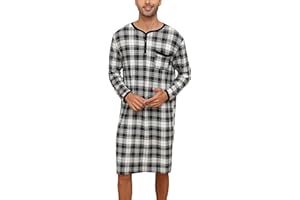 Yukiuiny Men's Plaid Long Sleeve Nightshirt Knee-Length Sleepwear with Chest Pocket Sleepwear