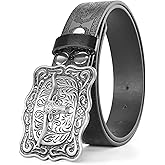 Vikodah Men Women-Western-Cowboy-Leather-Belts - Longhorn Bull Pattern Buckle Belt Floral Engraved Buckle Belt for Jeans