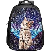 SARA NELL Angel Cat in Galaxy Backpack for Boys Girls, Durable Bookbag with 2 Main Compartment, Side Pockets, Kindergarten Elementary Backpack, 15.7 Inches