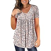 BeadChica Women's Plus Size Tunic Tops Casual Flowy Tshirts Ruched Botton Up Short Sleeve Blouses-Printed-3XL